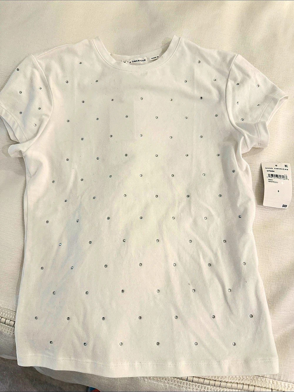 Good American Rhinestone Stretch Cotton T-Shirt White Small